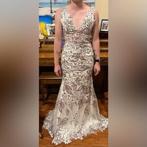 Jovani White and Silver Floral Prom Dress